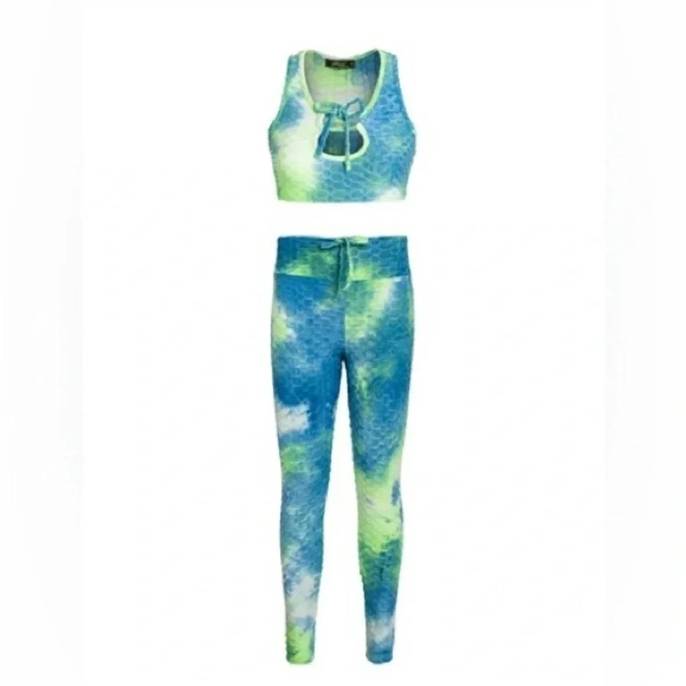 TIE-DYE PRINT CUTOUT TIE HONEYCOMB CROP TANK & LEGGINGS SET Size S New with Tags
